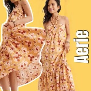Aerie High Low Halter Maxi Sundress Mustard Yellow‎ Batik Linen Size Small